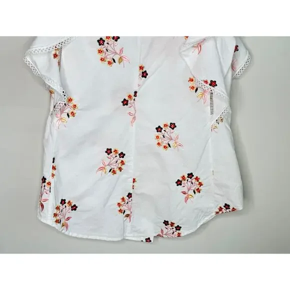 Pearl by Lela Rose Embroidered Floral Ruffle Trim Button-Up Shirt White Small - Picture 8 of 11